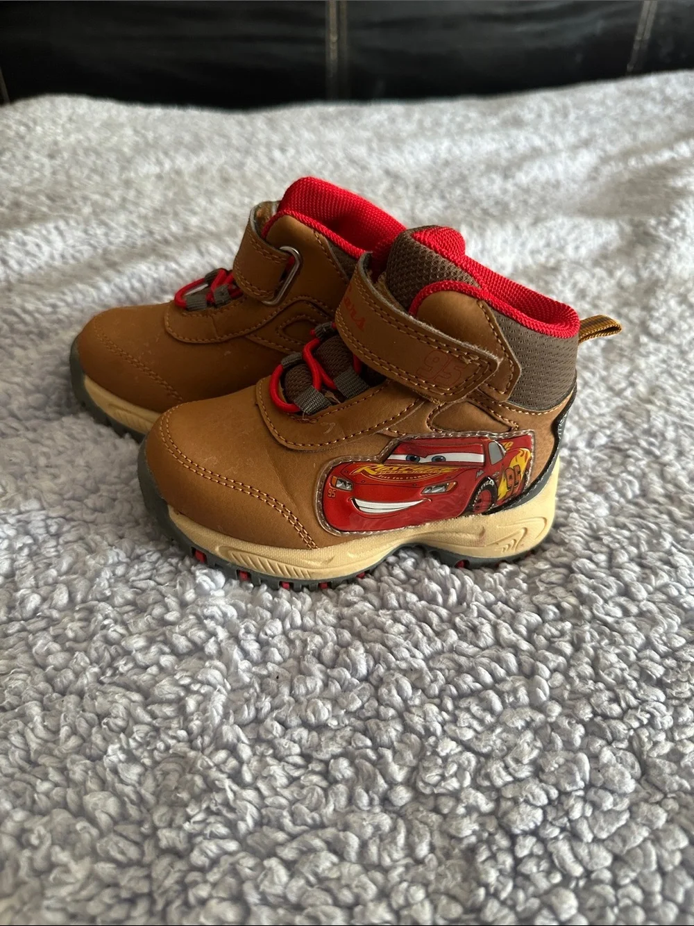 Kids Brown and Red Lightning Car Waterproof Boots
